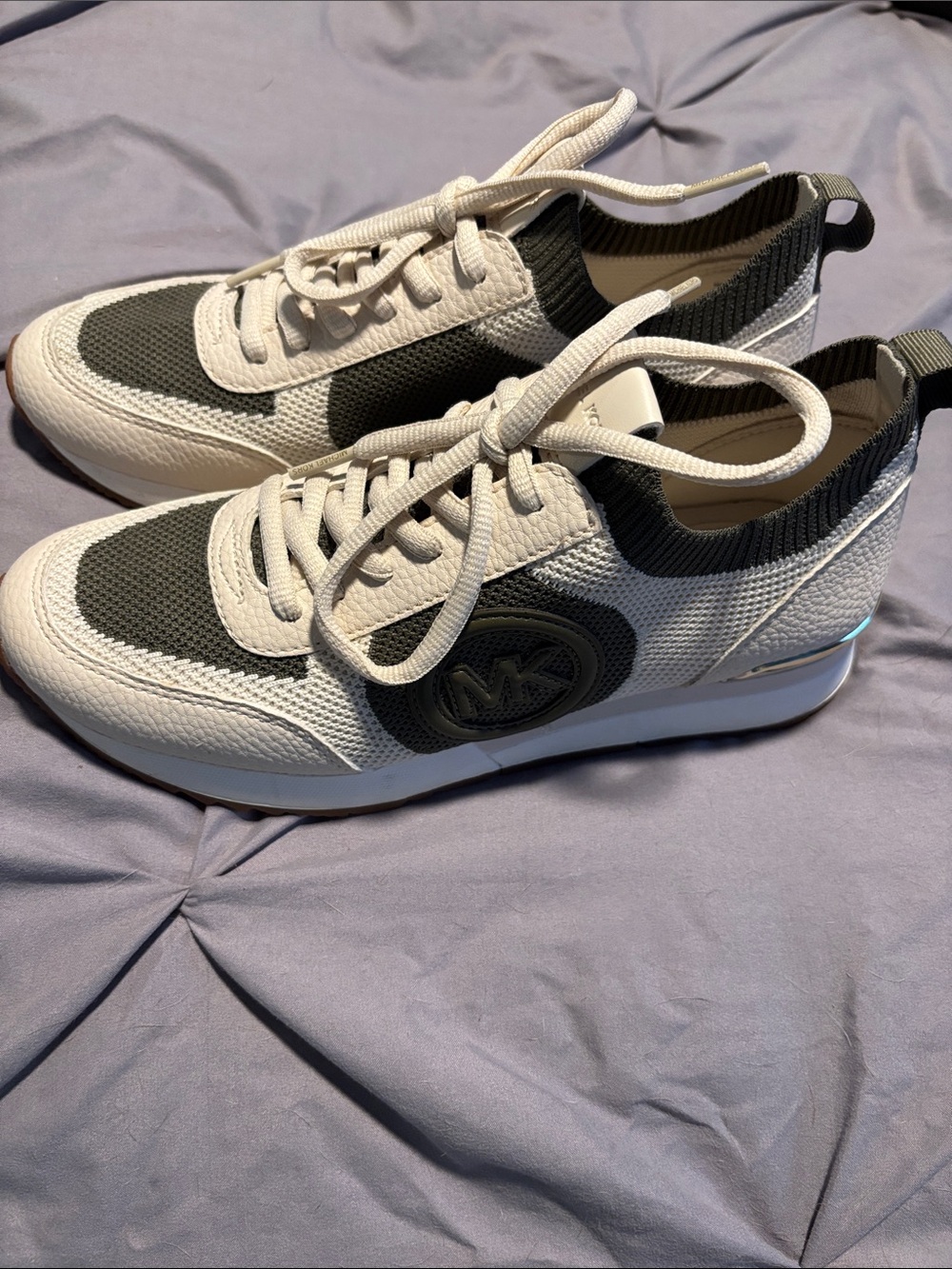 Michael Kors White and Olive Green Knit Runner Sneakers